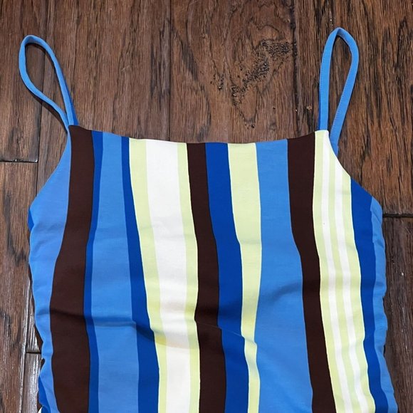 Fabletics Live-In Spaghetti Strap Dress Size Medium Wavy Stripe Blue Midi Fitted - Picture 6 of 15